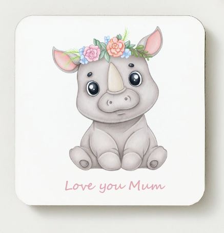 Love you Mum Ceramic Coaster - Baby Rhino